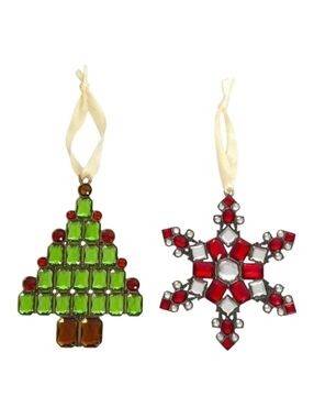 St. Nicholas Square Rhinestone Red Snowflake & Green Tree Christmas Ornament Set